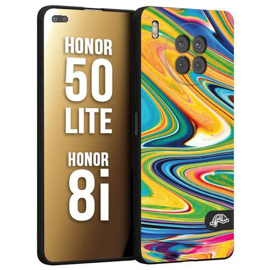 CUSTOMIZZA - Custodia cover nera morbida in tpu compatibile per Honor 8i - Honor 50 LITE colorata fantasia vortice marmo arcobaleno gialla verde blu