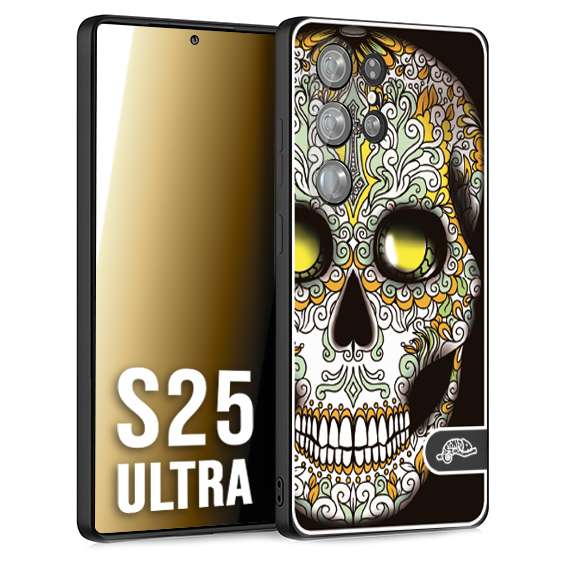 CUSTOMIZZA - Custodia cover nera morbida in tpu compatibile per Samsung S25 ULTRA teschio messicano Mexican skull bianco verde giallo