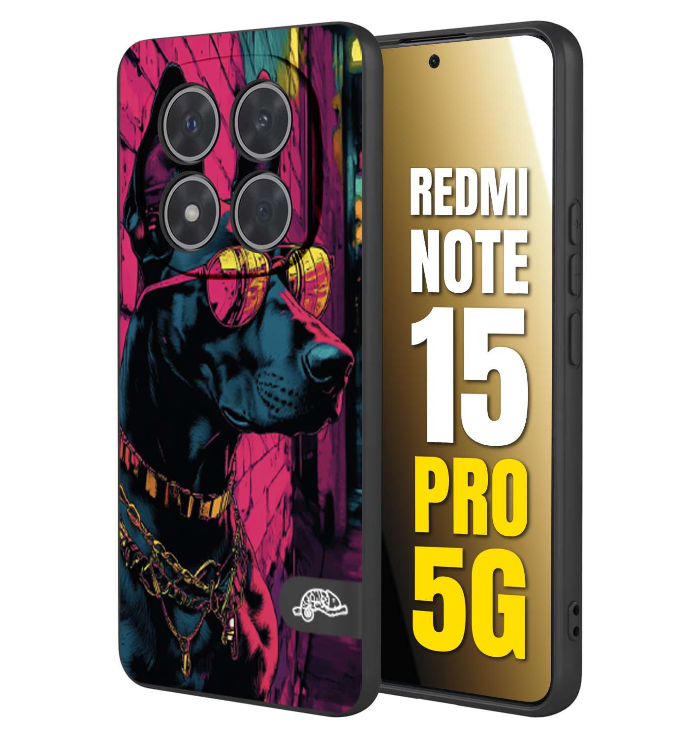 CUSTOMIZZA - Custodia cover nera morbida in tpu compatibile per Xiaomi Redmi Note 15 PRO 5G animali cyberpunk dobermann cane street dog fucsia blu