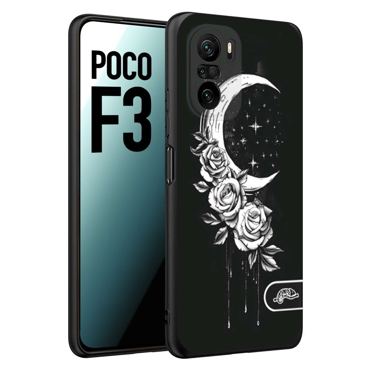 CUSTOMIZZA - Custodia cover nera morbida in tpu compatibile per Xiaomi Poco F3 luna e fiori moon flowers black and white bianco a rilievo disegnato tattoo tatuaggio