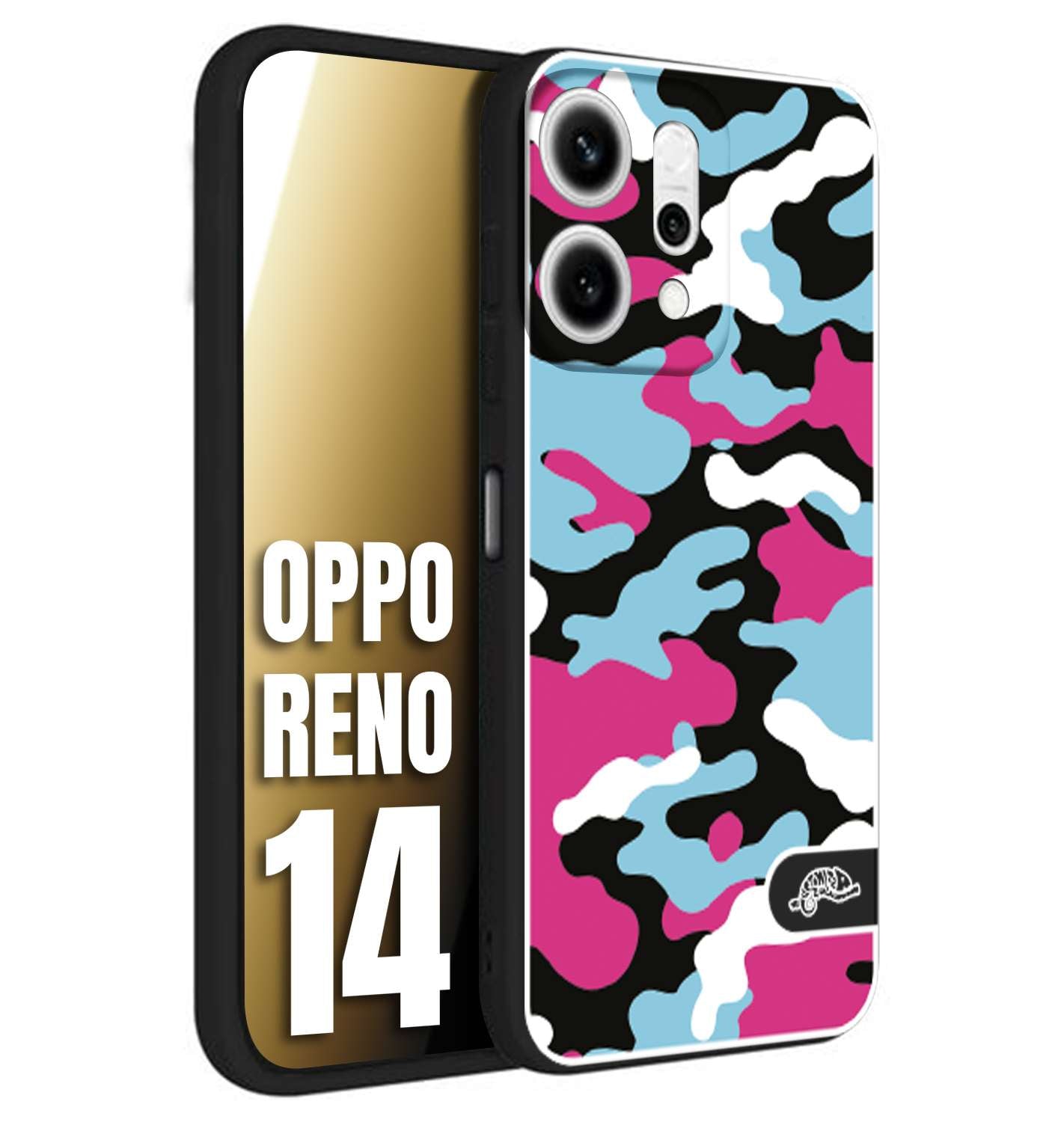 CUSTOMIZZA - Custodia cover nera morbida in tpu compatibile per Oppo Reno 14 camouflage mimetico militare fucsia celeste