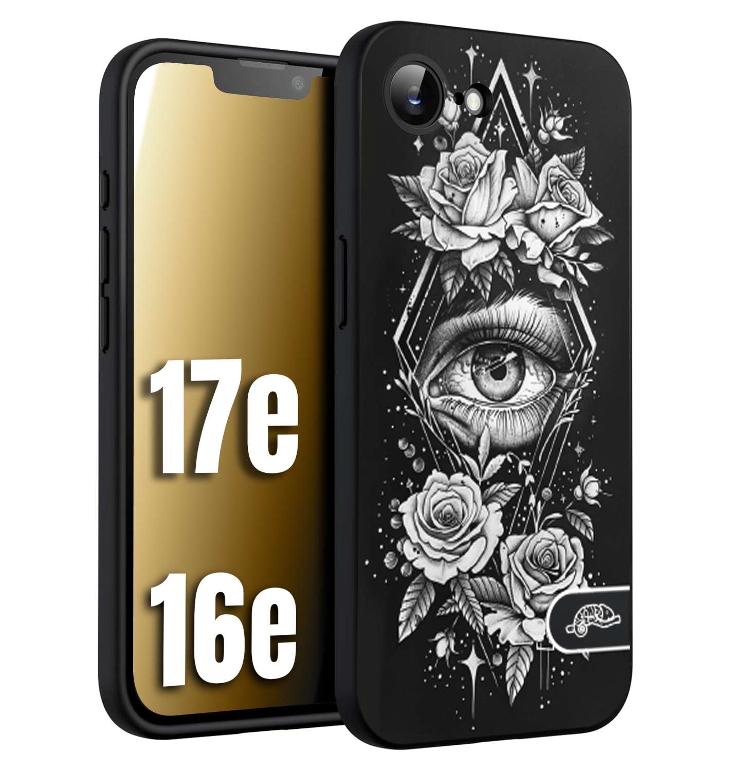 CUSTOMIZZA - Custodia cover nera morbida in tpu compatibile per iPhone 16E - 17E occhio fiori rombo geometrico black and white bianco a rilievo disegnato tattoo tatuaggio