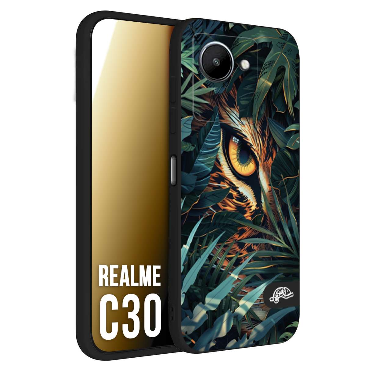 CUSTOMIZZA - Custodia cover nera morbida in tpu compatibile per Realme C30 animali color giungla tropicale occhio di giaguaro felino disegnato