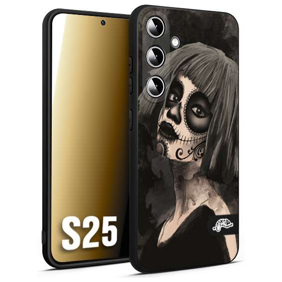 CUSTOMIZZA - Custodia cover nera morbida in tpu compatibile per Samsung S25 chicana messicana dea de la muerte donna santa tattoo disegnata