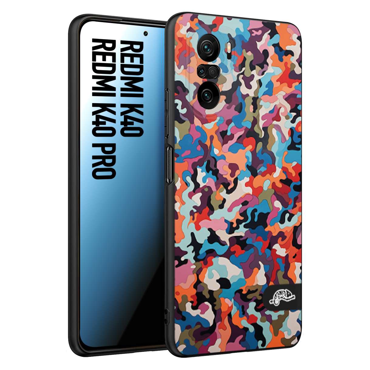 CUSTOMIZZA - Custodia cover nera morbida in tpu compatibile per Xiaomi Redmi K40 - K40 Pro camouflage mimetico militare moderno blu arancio rosa