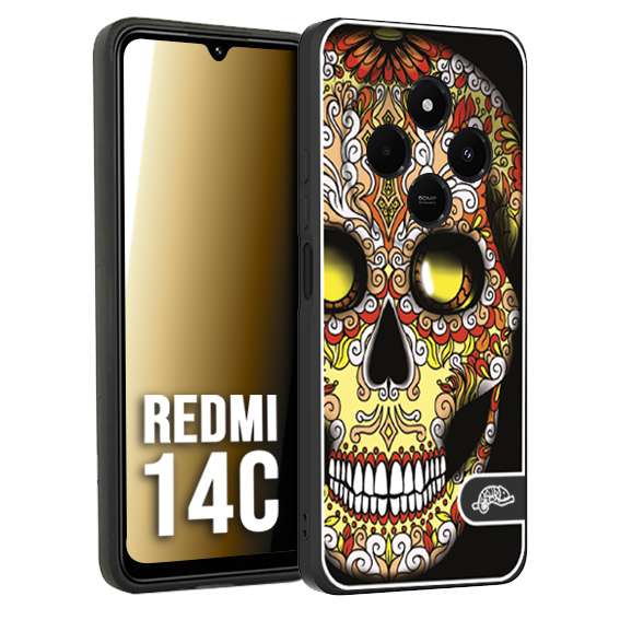 CUSTOMIZZA - Custodia cover nera morbida in tpu compatibile per Xiaomi Redmi 14C teschio messicano Mexican skull giallo rosso arancio