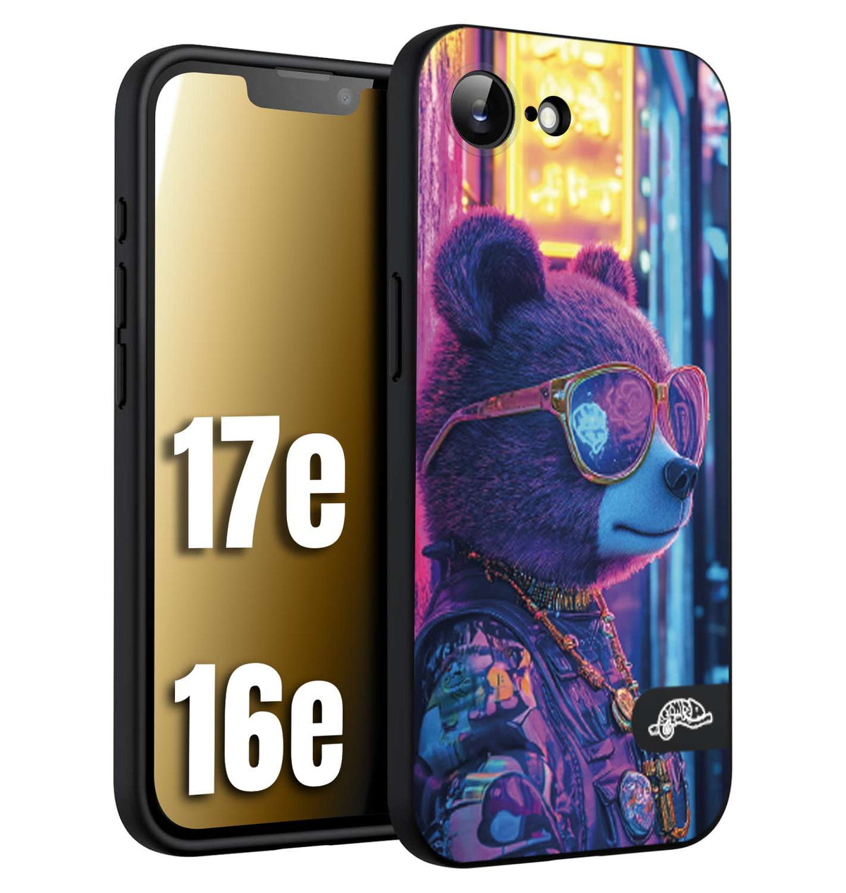 CUSTOMIZZA - Custodia cover nera morbida in tpu compatibile per iPhone 16E - 17E animali cyberpunk orsetto orso street bear fucsia blu night