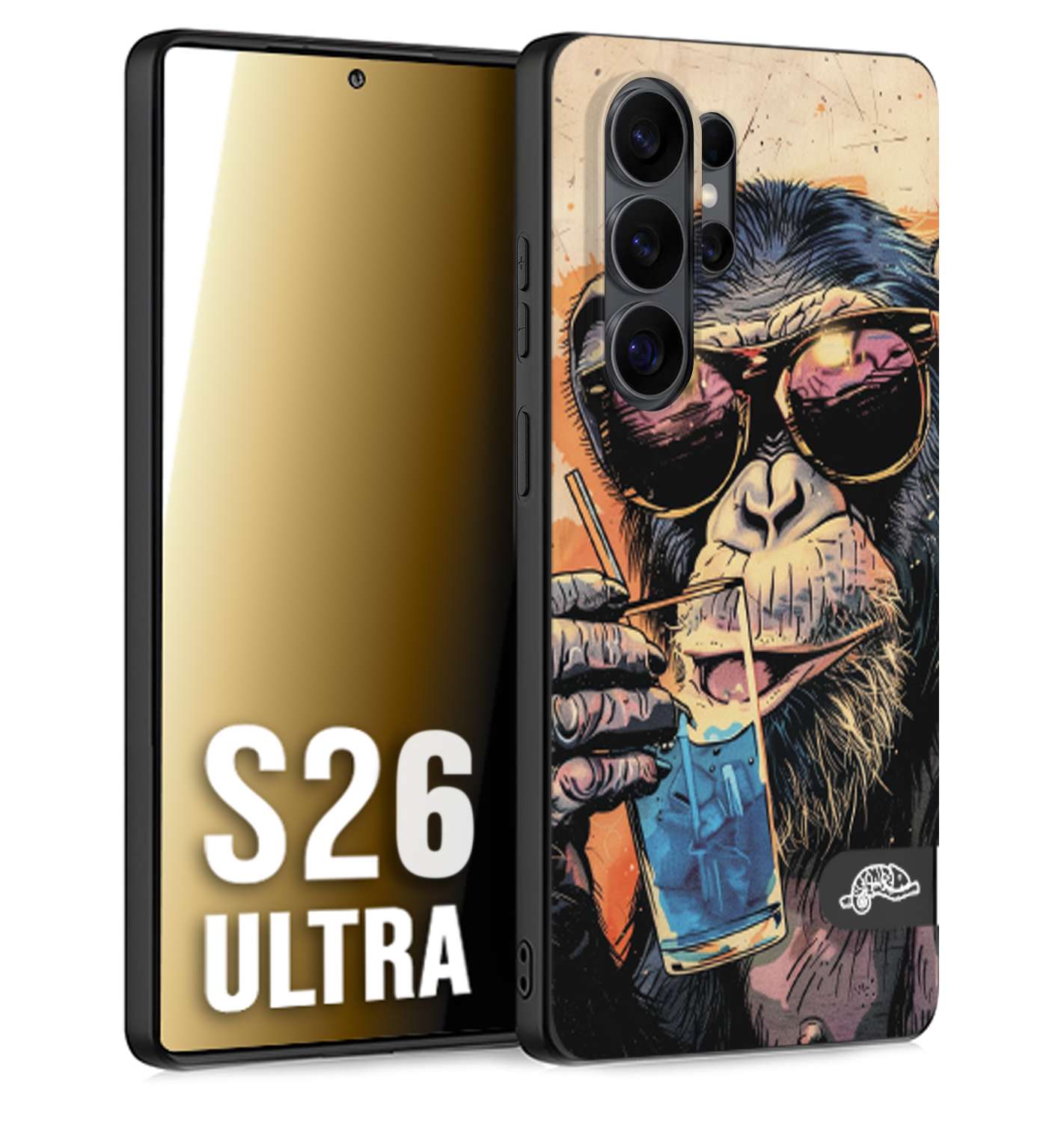 CUSTOMIZZA - Custodia cover nera morbida in tpu compatibile per Samsung S26 ULTRA estate disegnata cocktails animali simpatici scimmia monkey negroni