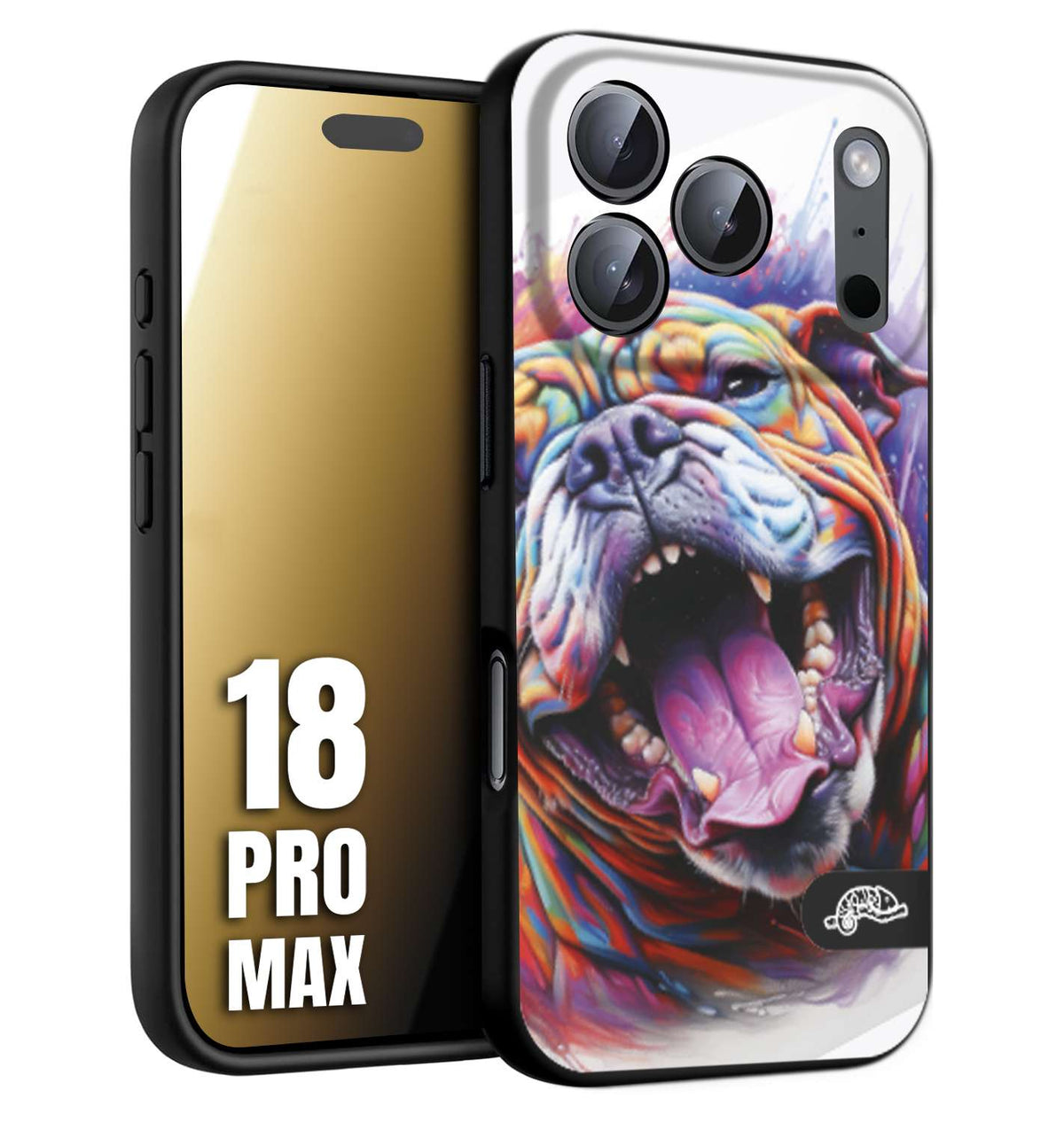 CUSTOMIZZA - Custodia cover nera morbida in tpu compatibile per iPhone 18 PRO MAX animali color bulldog cane dog colori vibranti disegnato schizzo