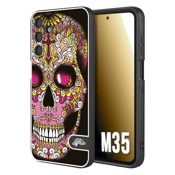 CUSTOMIZZA - Custodia cover nera morbida in tpu compatibile per Samsung M35 teschio messicano Mexican skull rosa gialla
