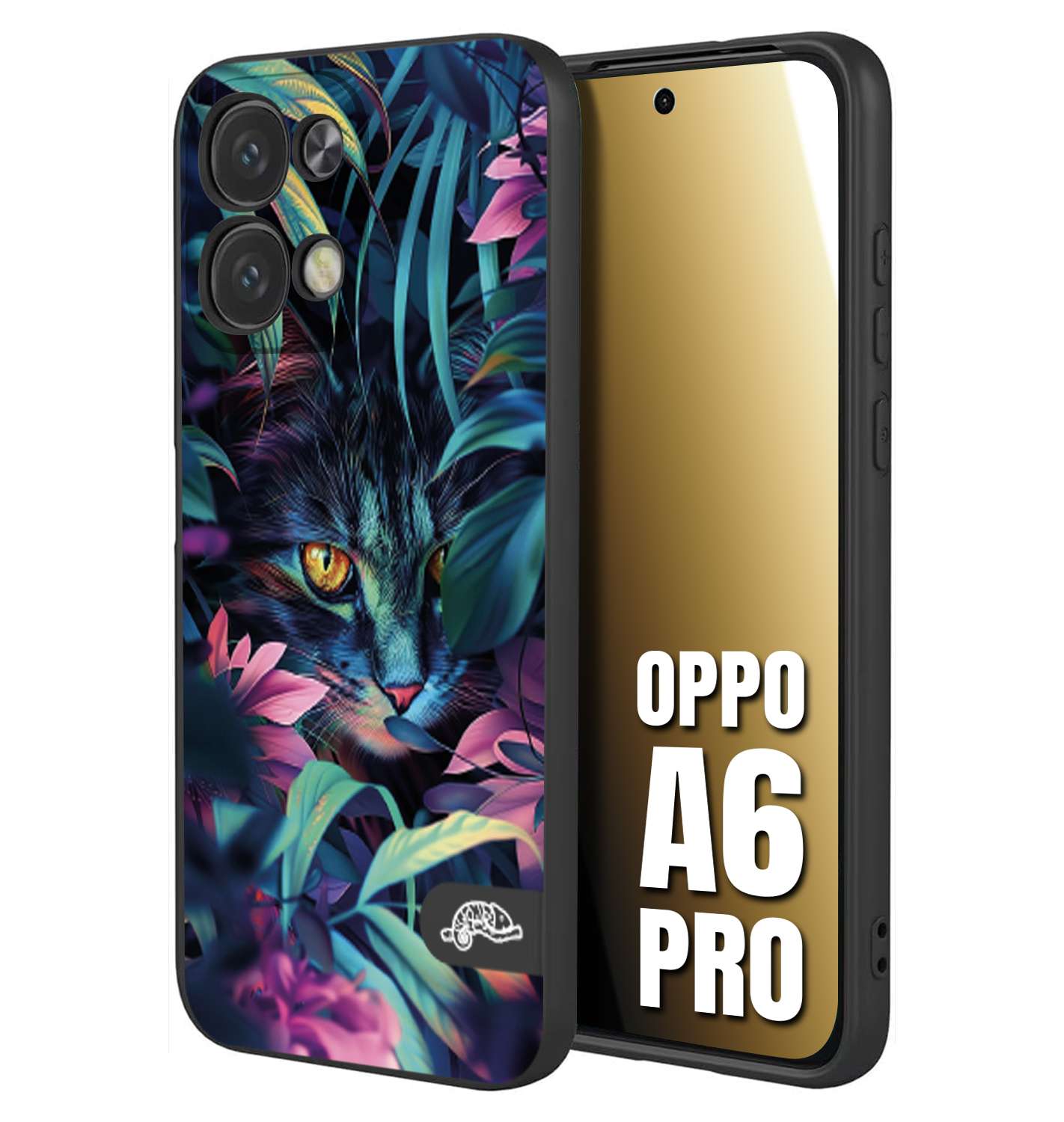 CUSTOMIZZA - Custodia cover nera morbida in tpu compatibile per Oppo A6 PRO animali color giungla tropicale occhio di gatto colori vibranti disegnato