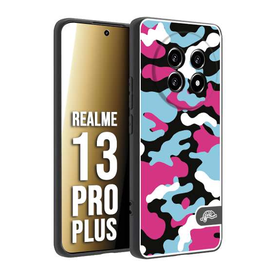 CUSTOMIZZA - Custodia cover nera morbida in tpu compatibile per Realme 13 PRO PLUS camouflage mimetico militare fucsia celeste