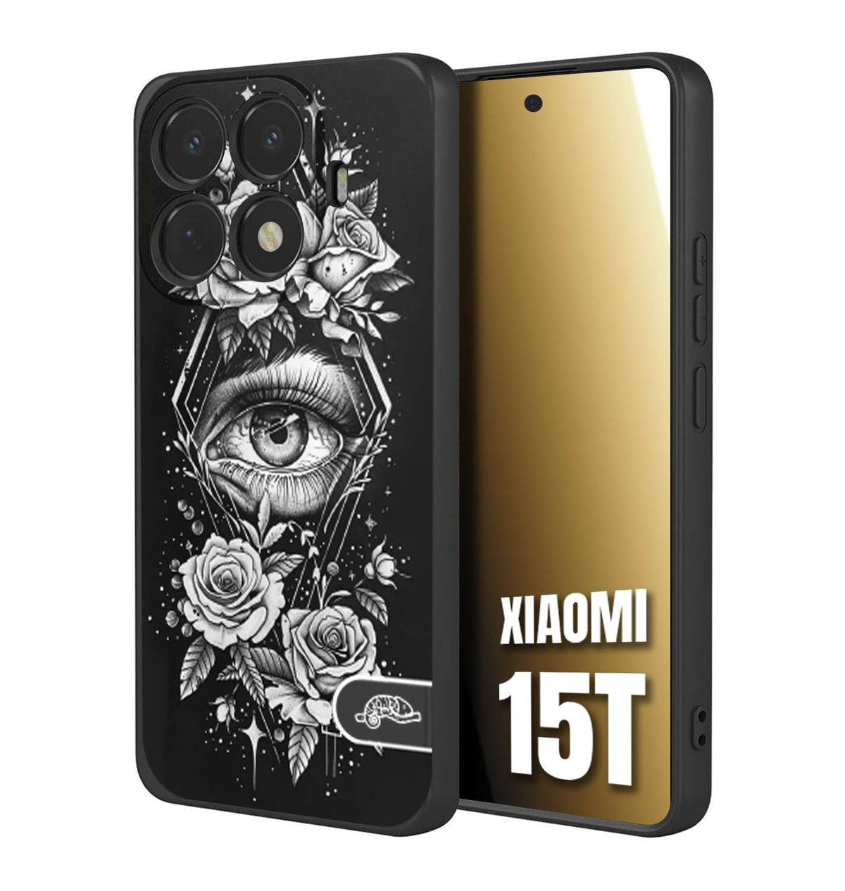 CUSTOMIZZA - Custodia cover nera morbida in tpu compatibile per Xiaomi 15T occhio fiori rombo geometrico black and white bianco a rilievo disegnato tattoo tatuaggio