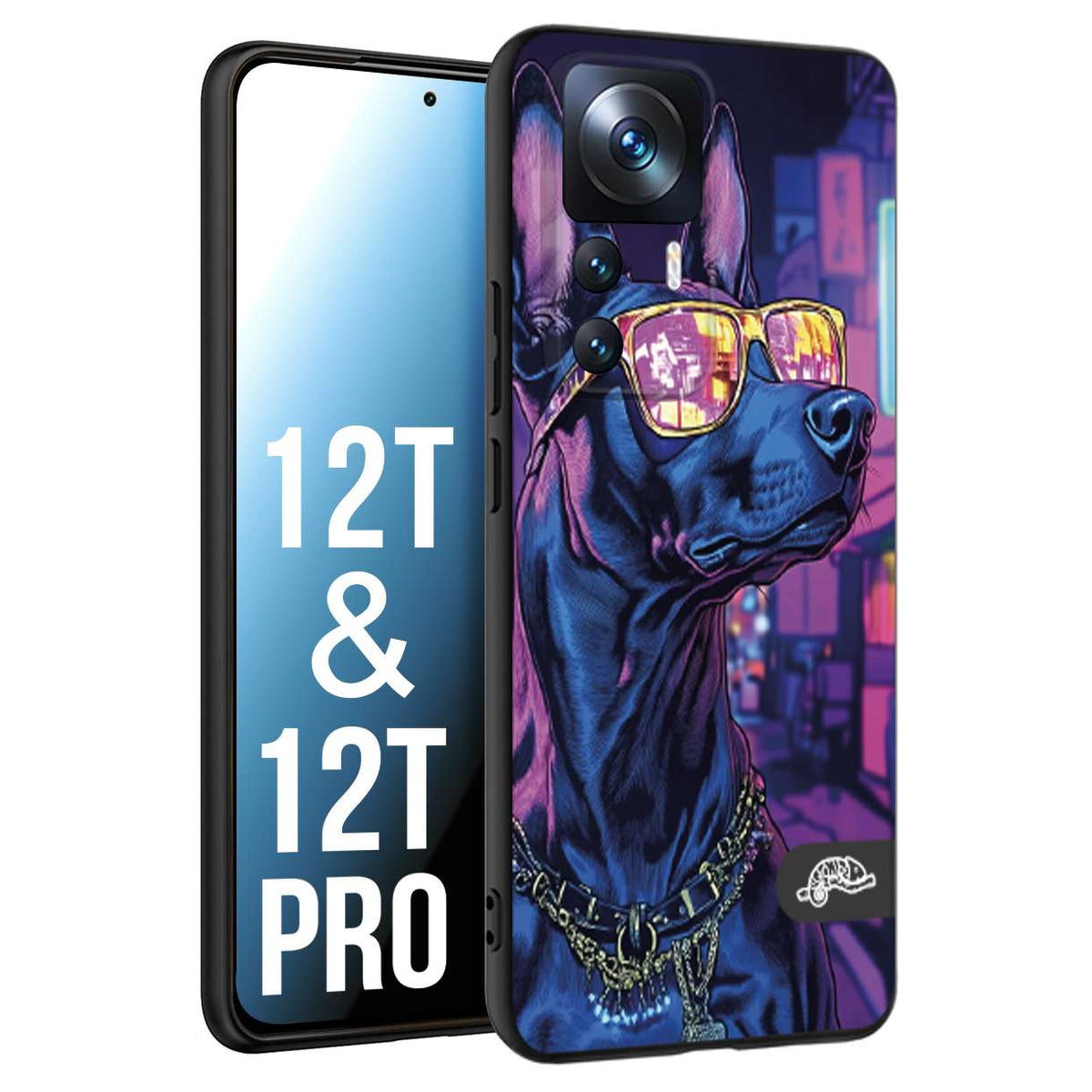 CUSTOMIZZA - Custodia cover nera morbida in tpu compatibile per Xiaomi 12T - 12T PRO animali cyberpunk dobermann cane street dog fucsia blu night