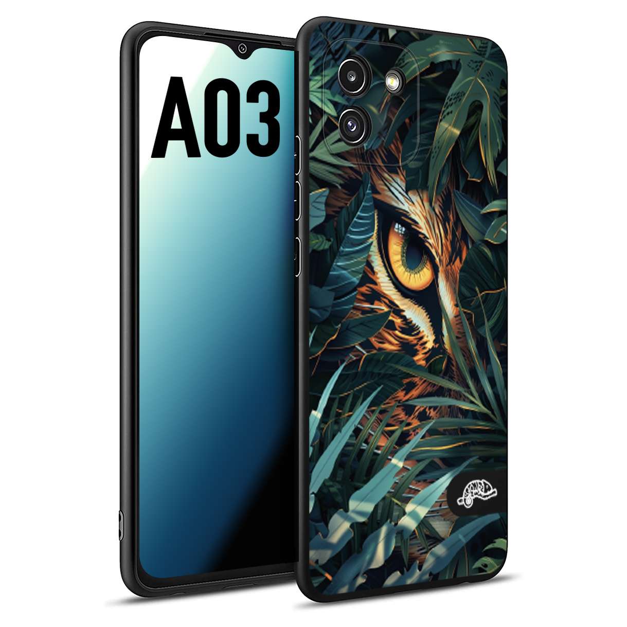 CUSTOMIZZA - Custodia cover nera morbida in tpu compatibile per Samsung A03 animali color giungla tropicale occhio di giaguaro felino disegnato
