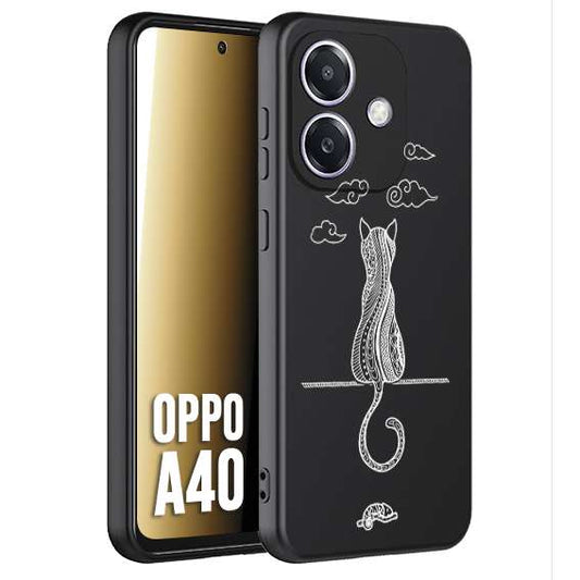 CUSTOMIZZA - Custodia cover nera morbida in tpu compatibile per Oppo A40 gatto mandala stilizzato gattino a rilievo soft touch donna bianca