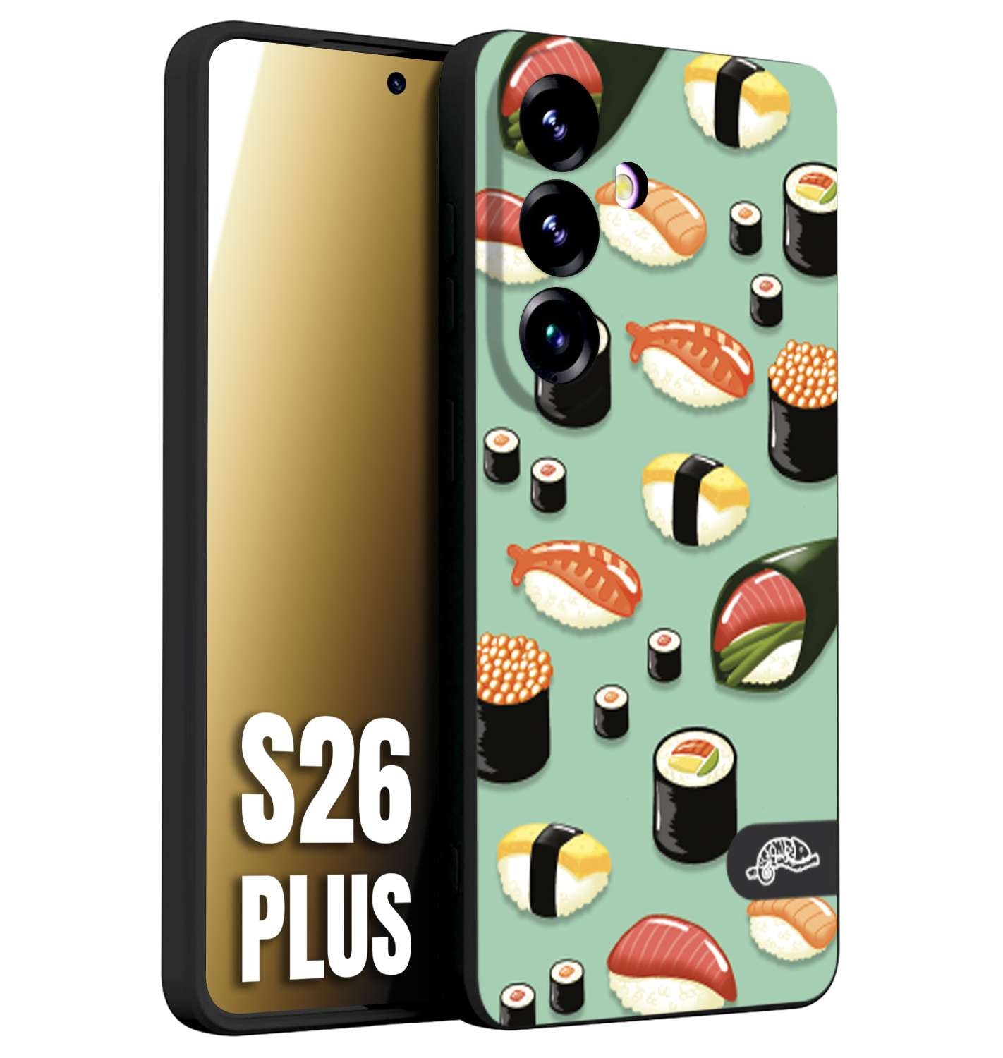 CUSTOMIZZA - Custodia cover nera morbida in tpu compatibile per Samsung S26 PLUS sushi disegni giapponese nighiri acquamarina verde
