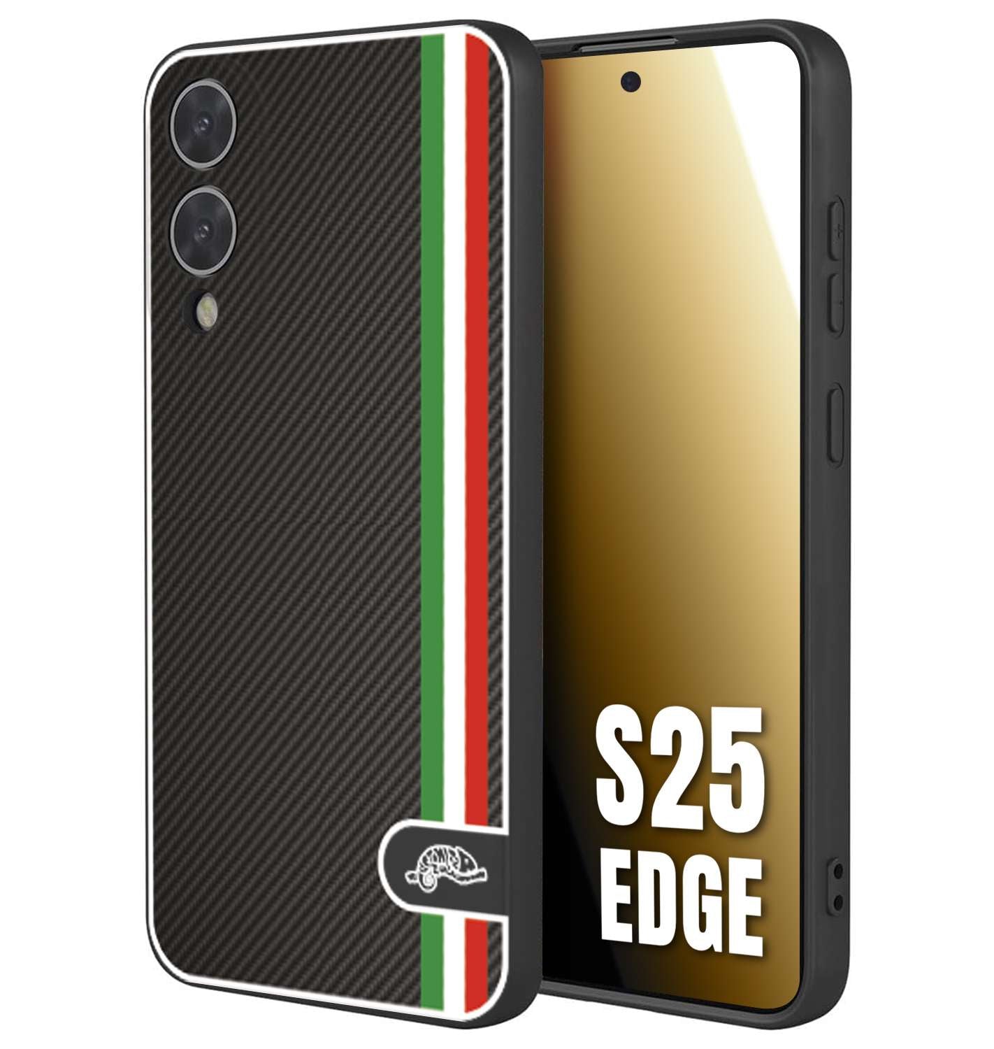 CUSTOMIZZA - Custodia cover nera morbida in tpu compatibile per Samsung S25 EDGE effetto fibra di carbonio bandiera Italia made in Italy