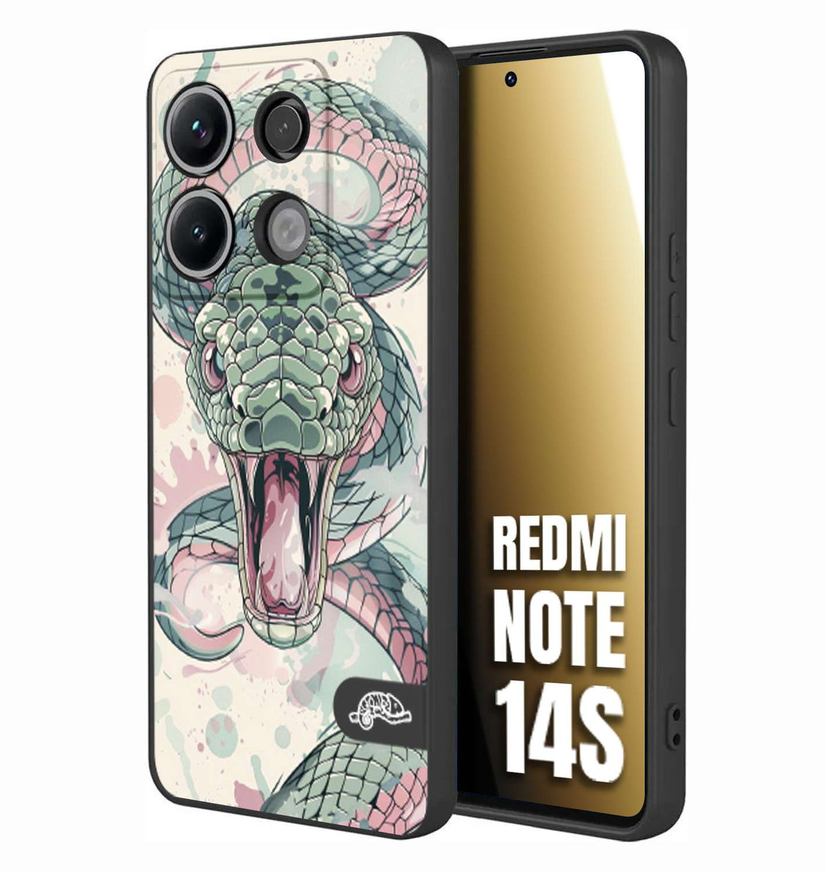 CUSTOMIZZA - Custodia cover nera morbida in tpu compatibile per Xiaomi Redmi Note 14S snake pink green serpente tatuaggio tattoo disegnato a mano