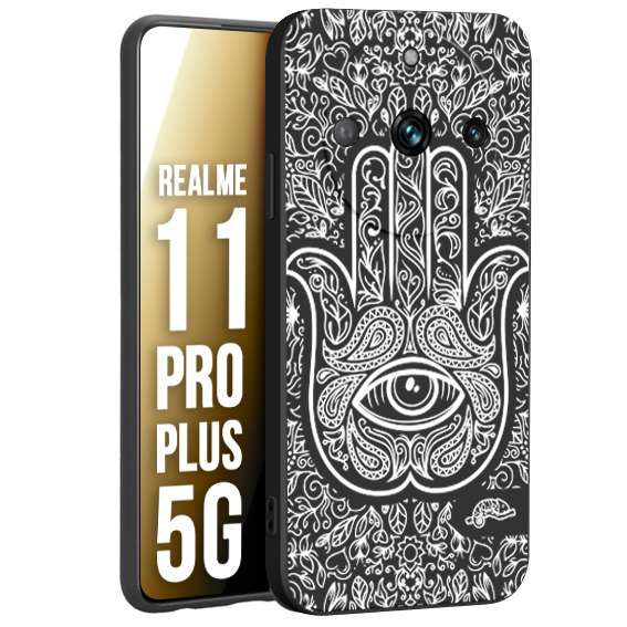 CUSTOMIZZA - Custodia cover nera morbida in tpu compatibile per Realme 11 PRO PLUS 5G mano di fatima effetto rilievo mandala donna