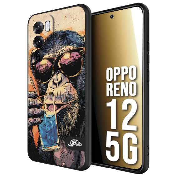 CUSTOMIZZA - Custodia cover nera morbida in tpu compatibile per Oppo Reno 12 5G estate disegnata cocktails animali simpatici scimmia monkey negroni