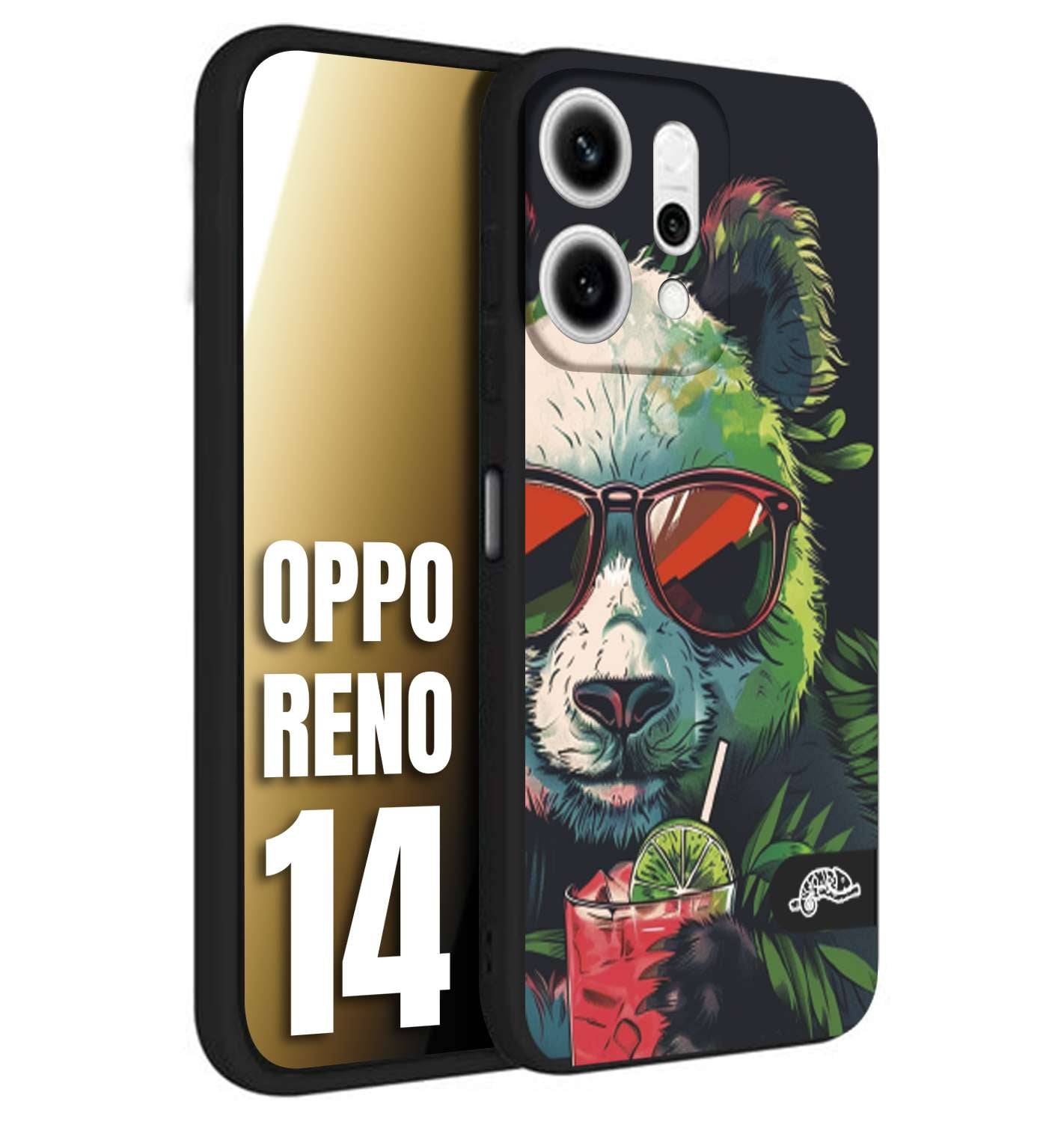 CUSTOMIZZA - Custodia cover nera morbida in tpu compatibile per Oppo Reno 14 estate disegnata cocktails animali simpatici panda mojito