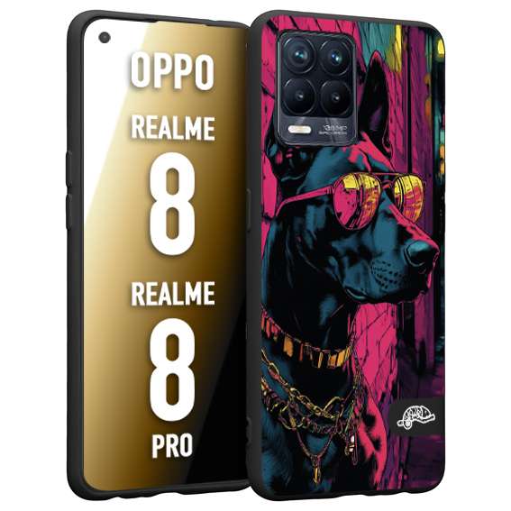 CUSTOMIZZA - Custodia cover nera morbida in tpu compatibile per Realme 8 - 8 PRO animali cyberpunk dobermann cane street dog fucsia blu