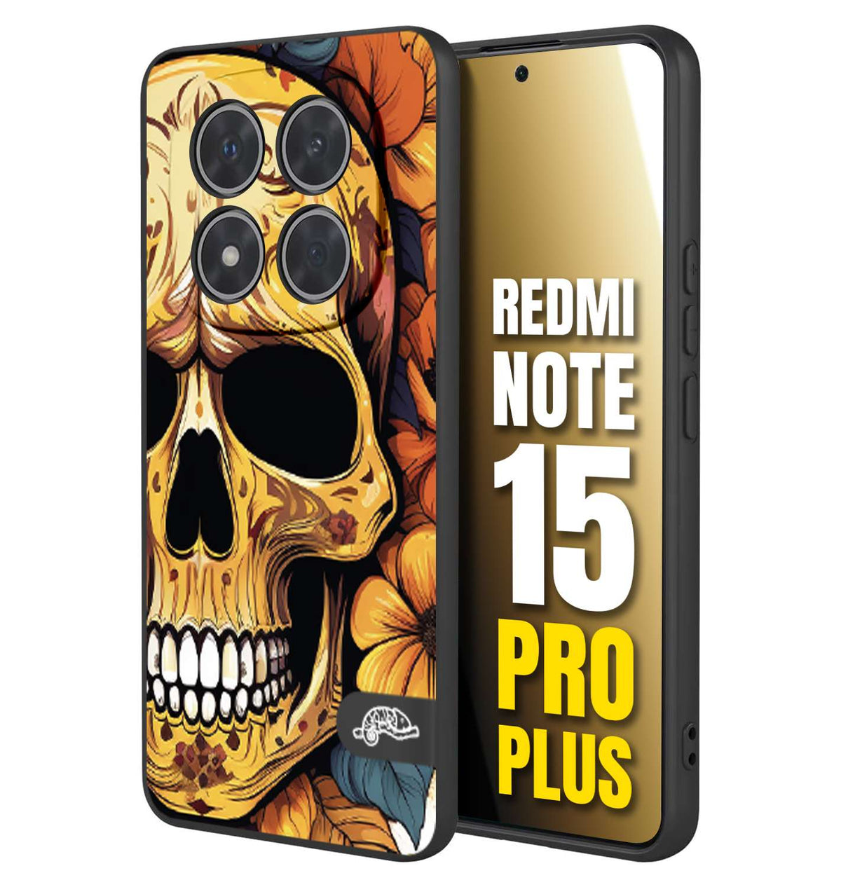 CUSTOMIZZA - Custodia cover nera morbida in tpu compatibile per Xiaomi Redmi Note 15 PRO PLUS teschio messicano colorato dorato fiori autunnali disegnato