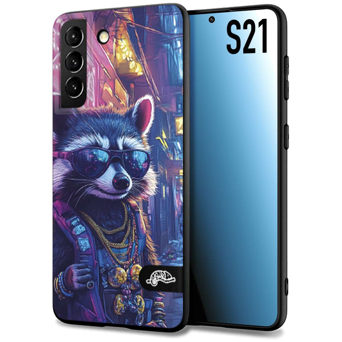 CUSTOMIZZA - Custodia cover nera morbida in tpu compatibile per Samsung S21 animali simpatici cyberpunk procione racoon street cat fucsia blu giallo