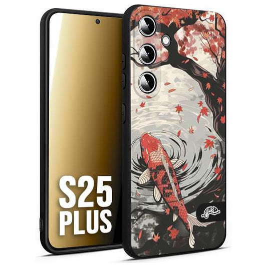 CUSTOMIZZA - Custodia cover nera morbida in tpu compatibile per Samsung S25 PLUS giapponese lago carpa koi rossa con foglie d'acero rosso disegnata tattoo