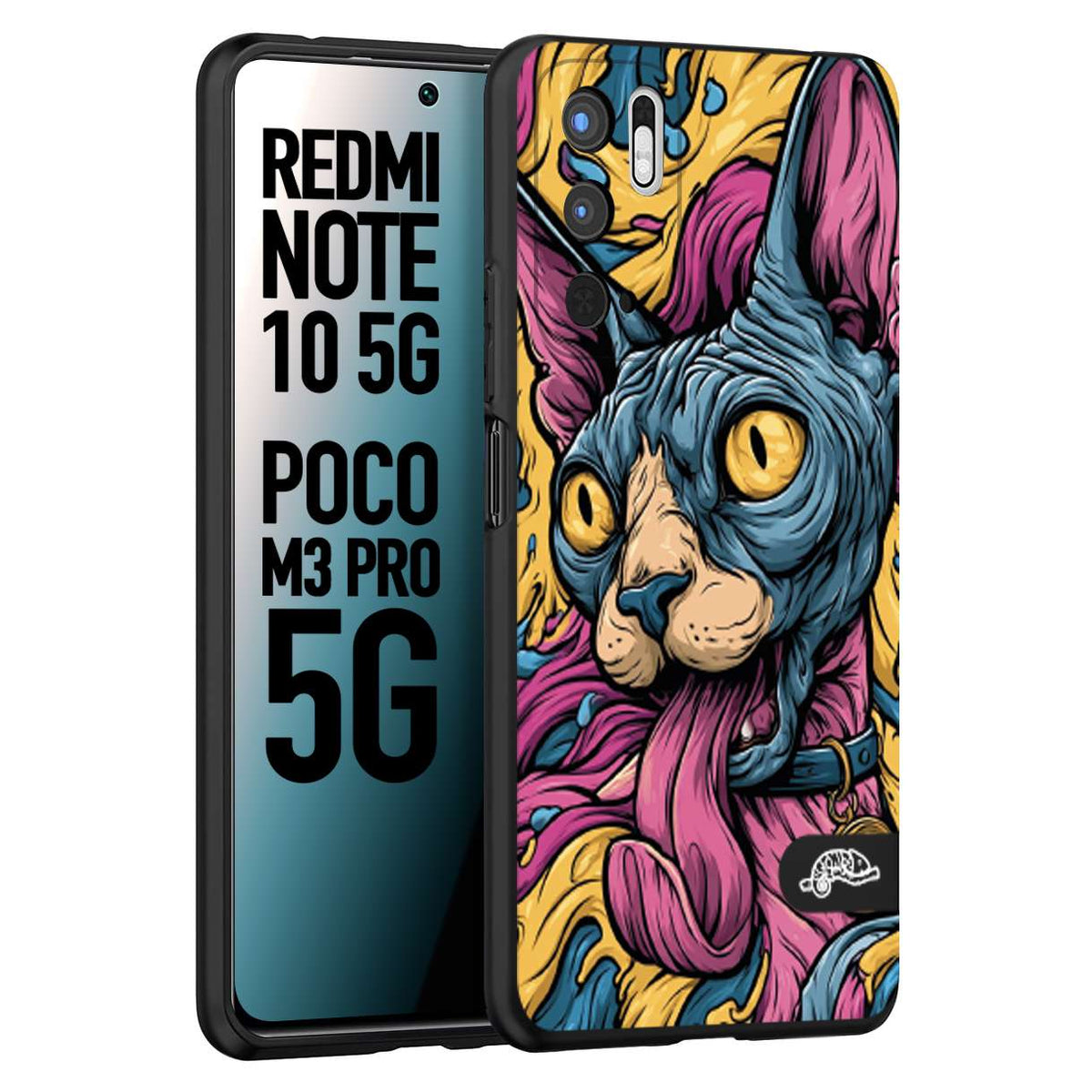CUSTOMIZZA - Custodia cover nera morbida in tpu compatibile per Xiaomi Redmi Note 10 5G - Poco M3 Pro 5G Sphynx Colorato Pop Art Psichedelico Gatto Blu Rosa Giallo Artistica Fantasy