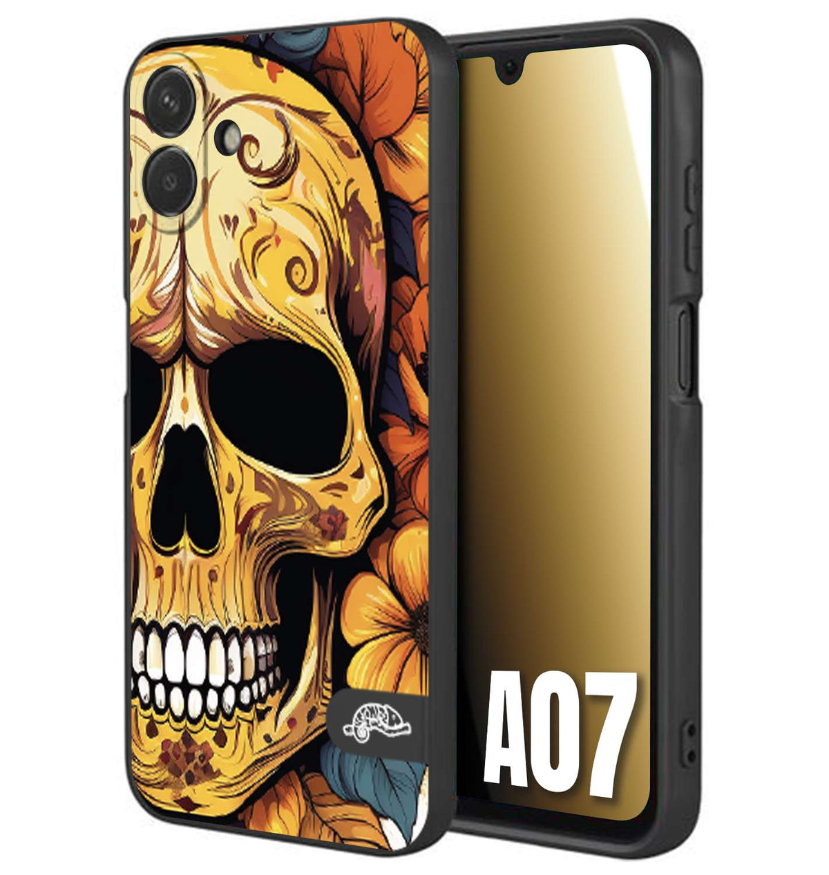 CUSTOMIZZA - Custodia cover nera morbida in tpu compatibile per Samsung A07 teschio messicano colorato dorato fiori autunnali disegnato