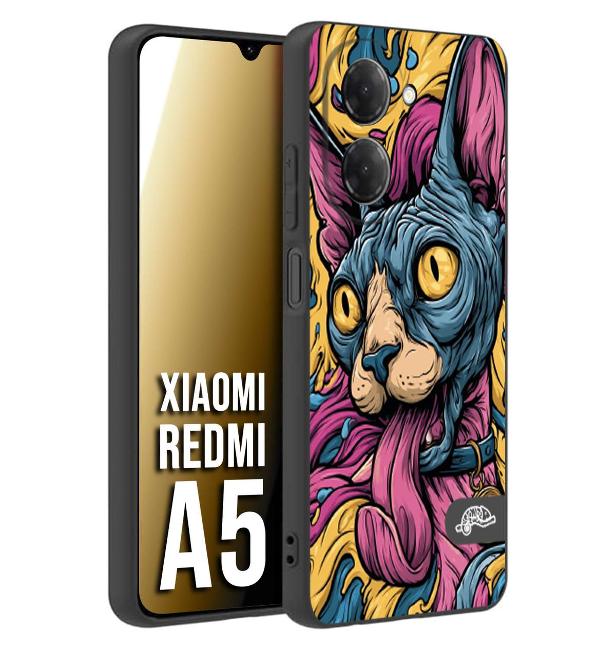 CUSTOMIZZA - Custodia cover nera morbida in tpu compatibile per Xiaomi Redmi A5 Sphynx Colorato Pop Art Psichedelico Gatto Blu Rosa Giallo Artistica Fantasy