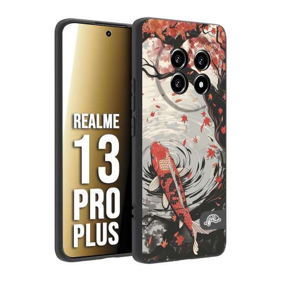CUSTOMIZZA - Custodia cover nera morbida in tpu compatibile per Realme 13 PRO PLUS giapponese lago carpa koi rossa con foglie d'acero rosso disegnata tattoo