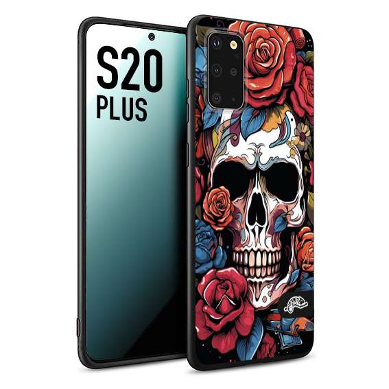 CUSTOMIZZA - Custodia cover nera morbida in tpu compatibile per Samsung S20 PLUS teschio skull flowers fiori rose rosse tattoo disegnato