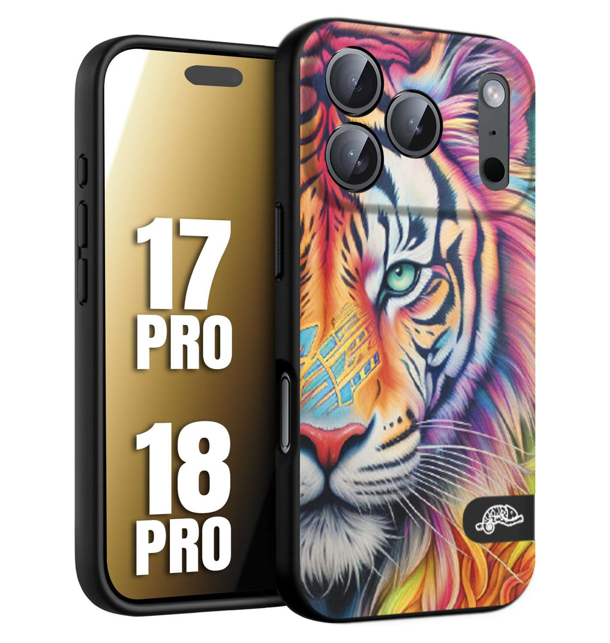 CUSTOMIZZA - Custodia cover nera morbida in tpu compatibile per iPhone 17 PRO - 18 PRO animali color tigre tiger viso colori vibranti disegnato schizzo