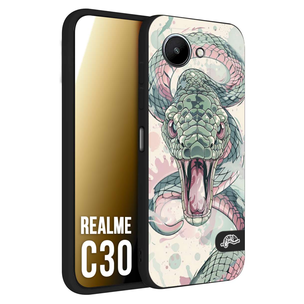 CUSTOMIZZA - Custodia cover nera morbida in tpu compatibile per Realme C30 snake pink green serpente tatuaggio tattoo disegnato a mano