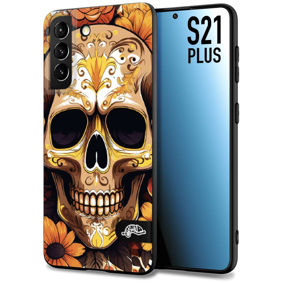 CUSTOMIZZA - Custodia cover nera morbida in tpu compatibile per Samsung S21 PLUS teschio messicano colorato dorato fiori tattoo disegnato