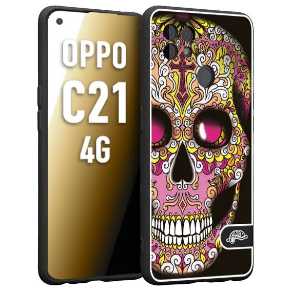 CUSTOMIZZA - Custodia cover nera morbida in tpu compatibile per Realme C21 4G teschio messicano Mexican skull rosa gialla