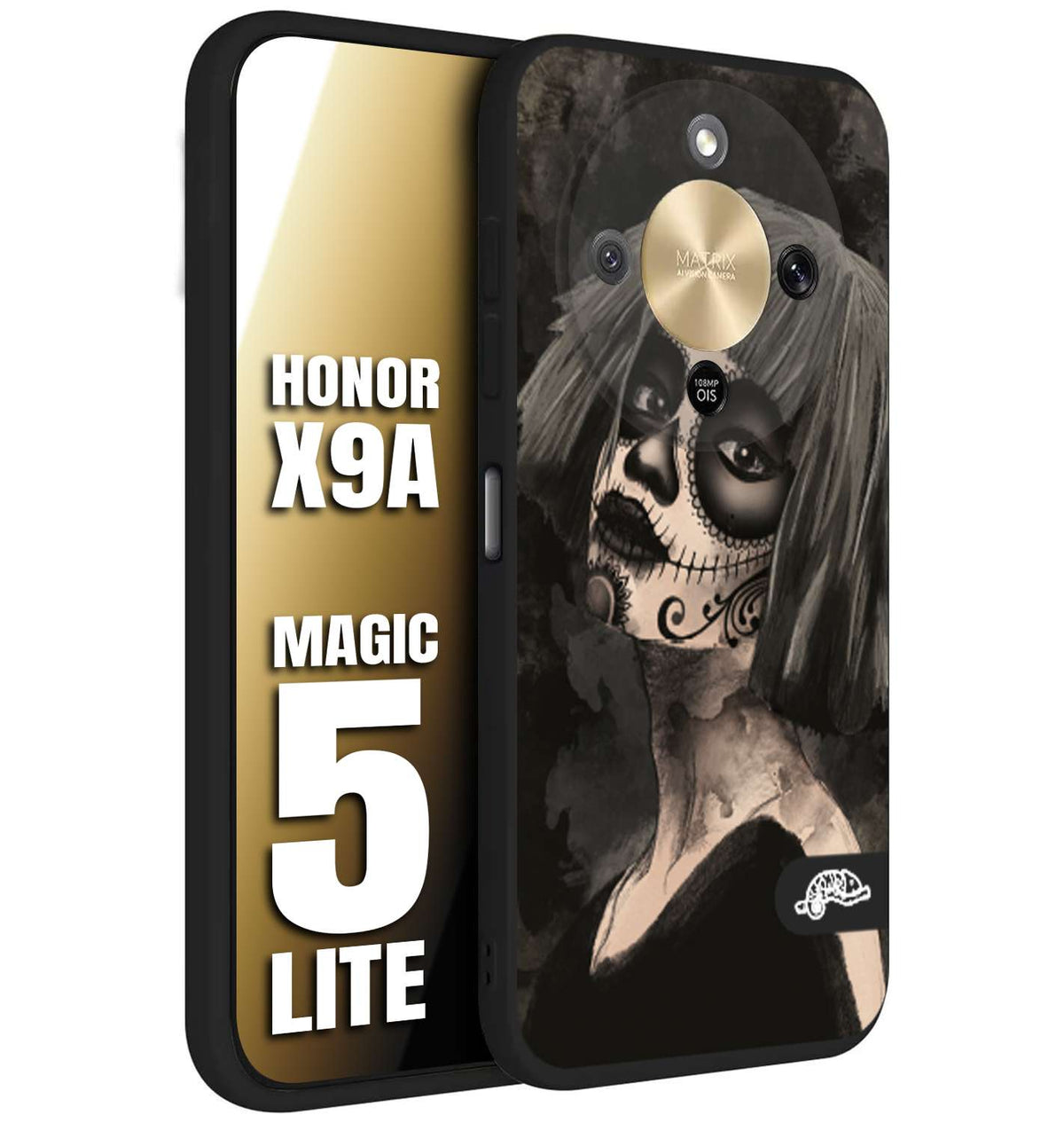 CUSTOMIZZA - Custodia cover nera morbida in tpu compatibile per Honor X9A - Honor Magic 5 Lite chicana messicana dea de la muerte donna santa tattoo disegnata