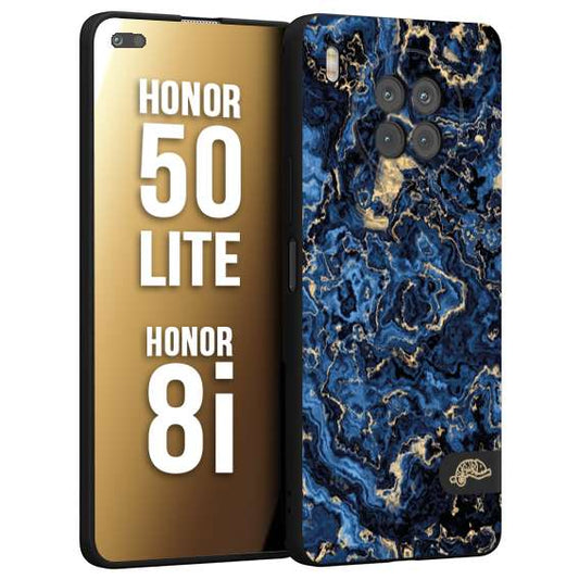 CUSTOMIZZA - Custodia cover nera morbida in tpu compatibile per Honor 8i - Honor 50 LITE effetto marmo marble blu venature dorato psichedelico