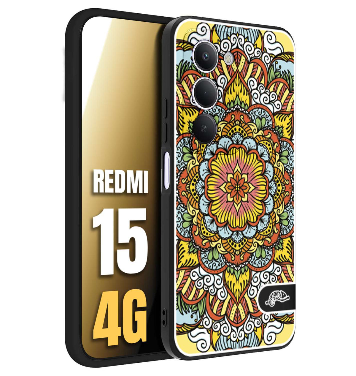 CUSTOMIZZA - Custodia cover nera morbida in tpu compatibile per Xiaomi Redmi 15 4G mandala colorato fiore nuvole arancione