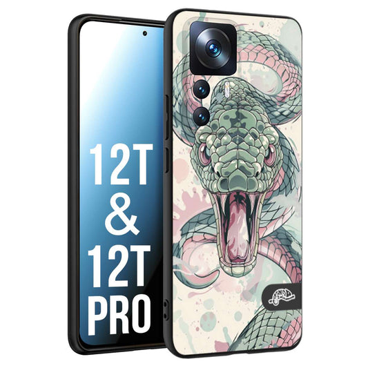 CUSTOMIZZA - Custodia cover nera morbida in tpu compatibile per Xiaomi 12T - 12T PRO snake pink green serpente tatuaggio tattoo disegnato a mano