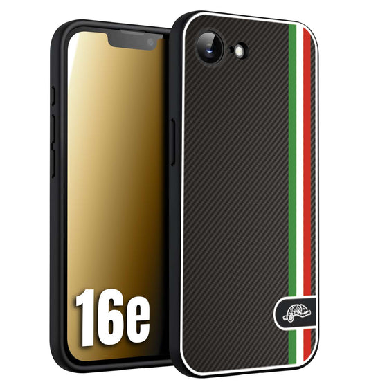 CUSTOMIZZA - Custodia cover nera morbida in tpu compatibile per iPhone 16E effetto fibra di carbonio bandiera Italia made in Italy