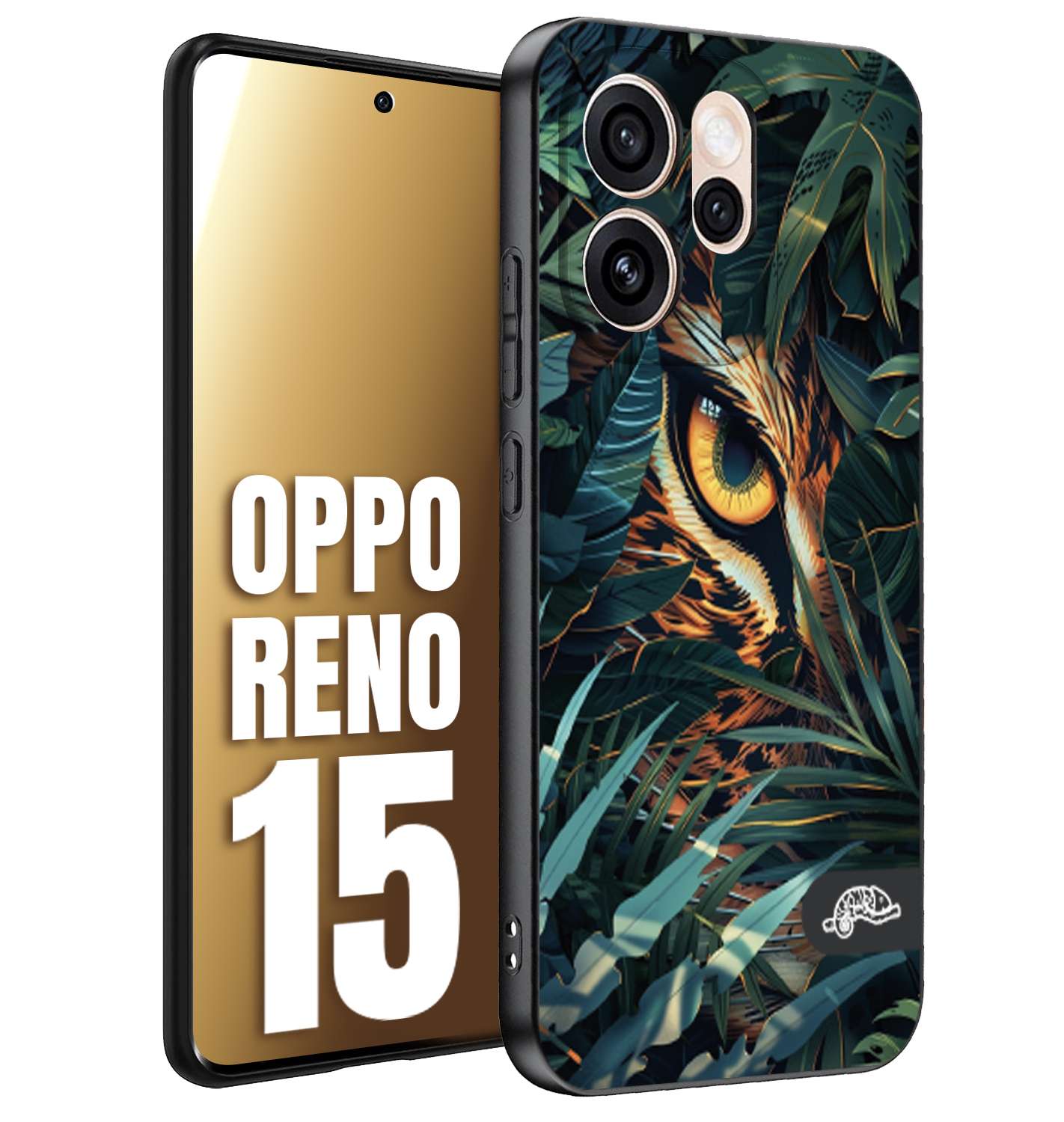 CUSTOMIZZA - Custodia cover nera morbida in tpu compatibile per Oppo Reno 15 animali color giungla tropicale occhio di giaguaro felino disegnato
