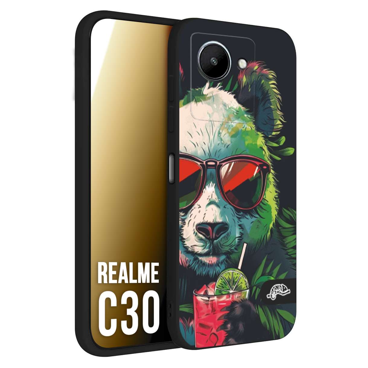 CUSTOMIZZA - Custodia cover nera morbida in tpu compatibile per Oppo Realme C30 estate disegnata cocktails animali simpatici panda mojito