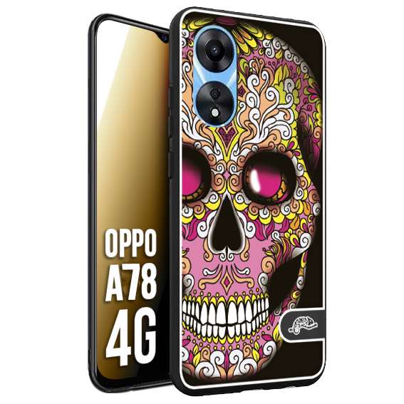 CUSTOMIZZA - Custodia cover nera morbida in tpu compatibile per Oppo A78 4G teschio messicano Mexican skull rosa gialla