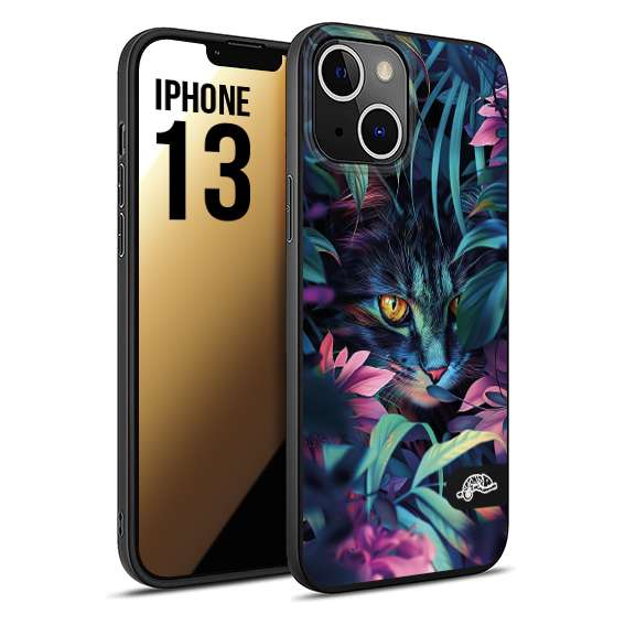 CUSTOMIZZA - Custodia cover nera morbida in tpu compatibile per iPhone 13 animali color giungla tropicale occhio di gatto colori vibranti disegnato