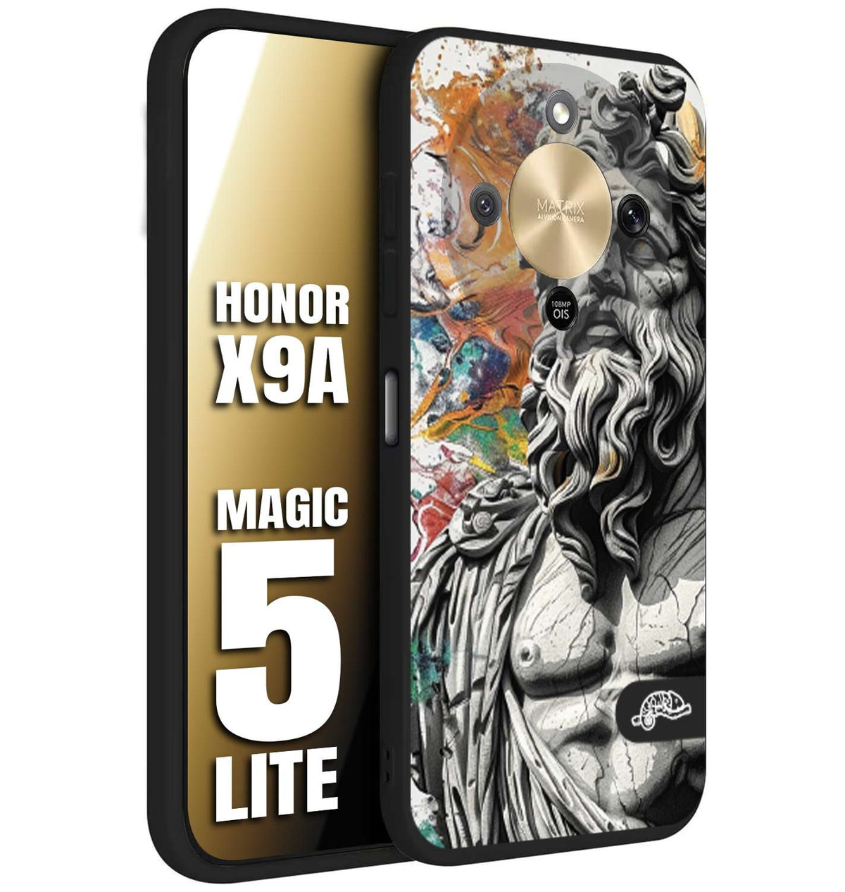 CUSTOMIZZA - Custodia cover nera morbida in tpu compatibile per Honor X9A - Honor Magic 5 Lite statua colorata moderna antico tattoo splash color