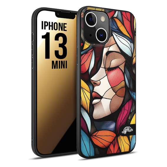CUSTOMIZZA - Custodia cover nera morbida in tpu compatibile per iPhone 13 MINI Vetrata artistica volto di donna profilo fogliare mosaico di vetro colorato